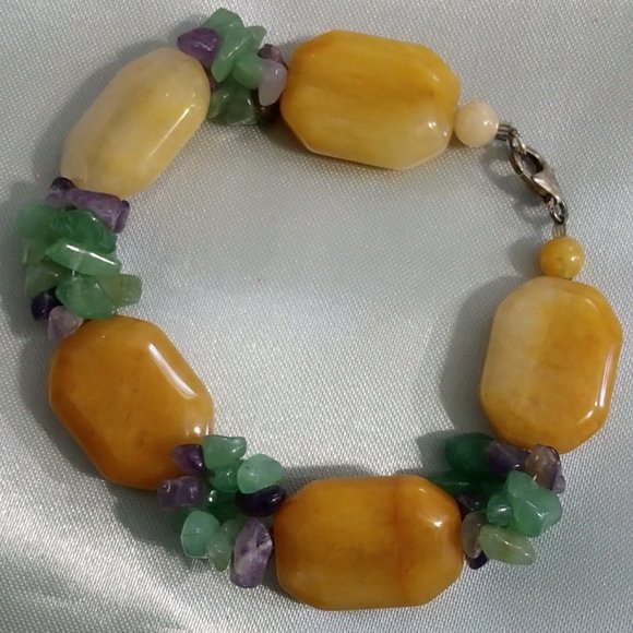 Hand Crafted Green Aventurine Bracelet with Amethyst Yellow Peach - Picture 1 of 6